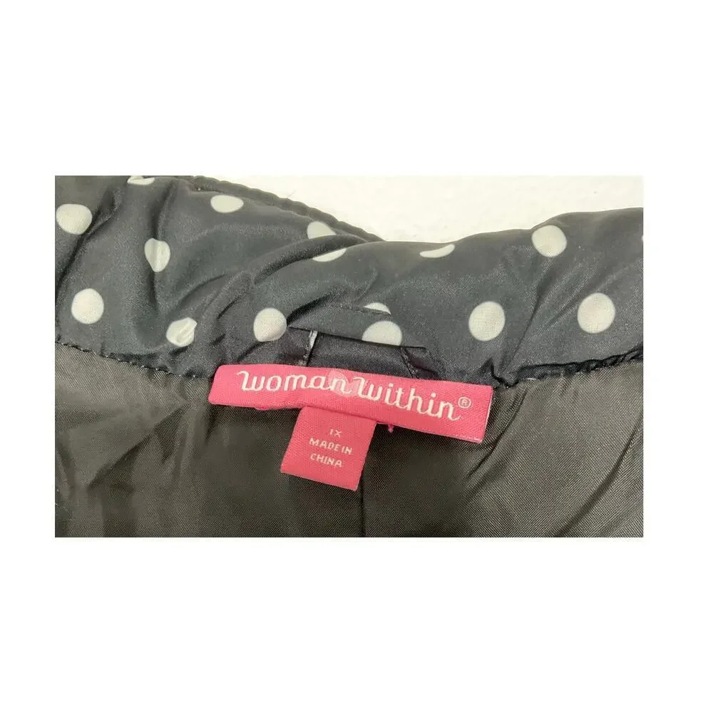 Polka Dot Puffer Vest Full Zip Pockets Black White Size 1X Plus